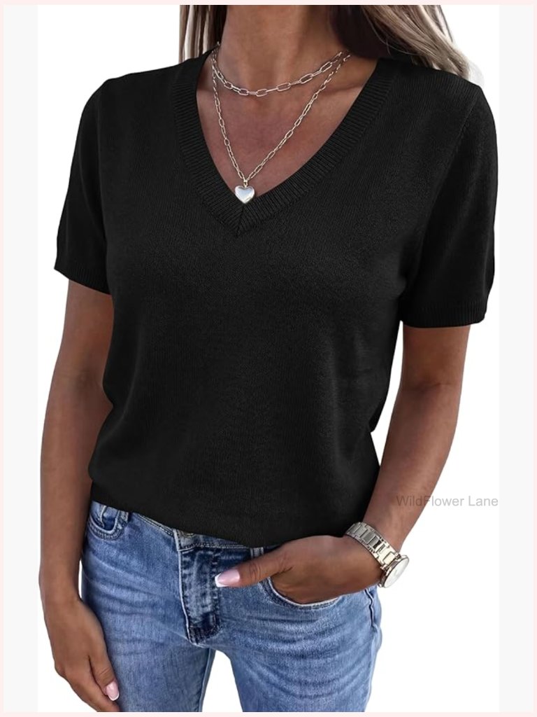 V Neck Short Sleeve Knit Pullover Work Tops Lightweight Business Casual Summer